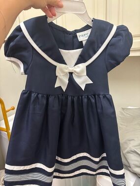 Rare Editions Navy Dress with White Trim and Bow